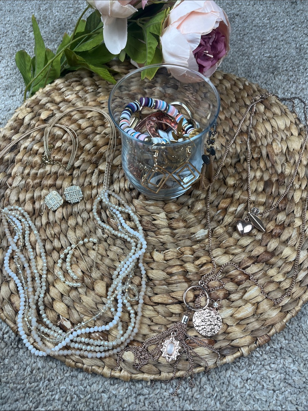 Mystery Gold Toned Jewelry Jar. Necklaces, Bracelets and Earrings